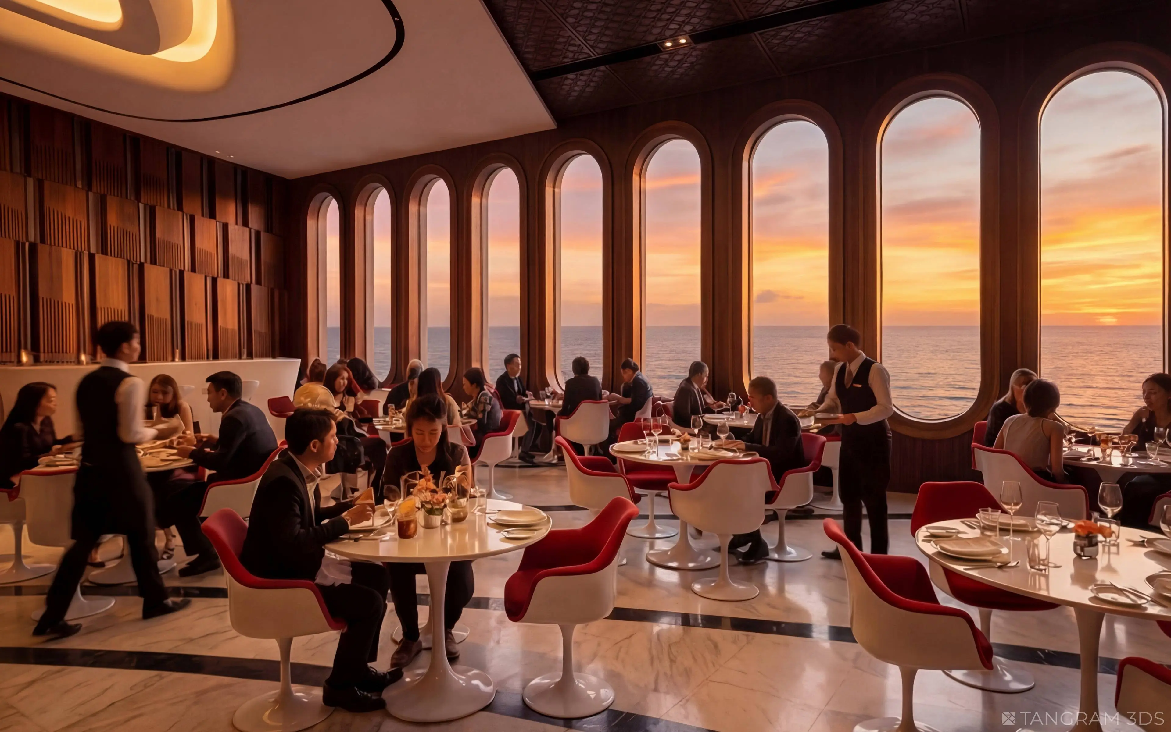 A smart restaurant overlooks the ocean (Freedom Ship)