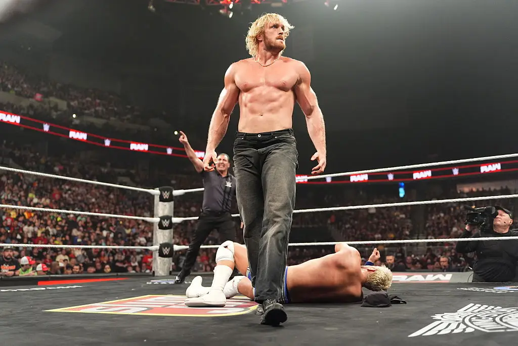 Paul, a celebrity boxer and WWE star, appeared to take exception and confronted Brady, who was seen backing away from him with a wide grin on his face at the time. (Photo by Georgiana Dallas/WWE via Getty Images)