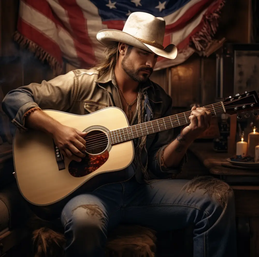 The world's most stereotypical Country music fan, and a flag in the background in case you forget which country the name means.