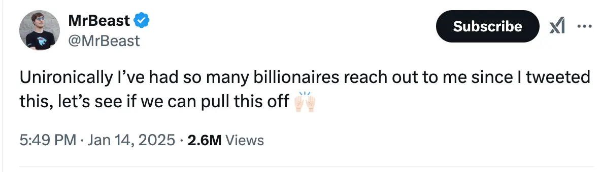 MrBeast claimed billionaires have reached out to him about the sale (X/@MrBeast)