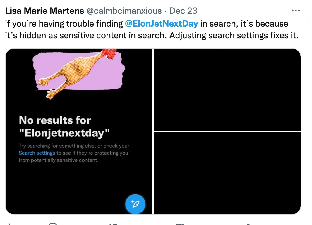 Sweeney's new account is 'search banned' on Twitter.