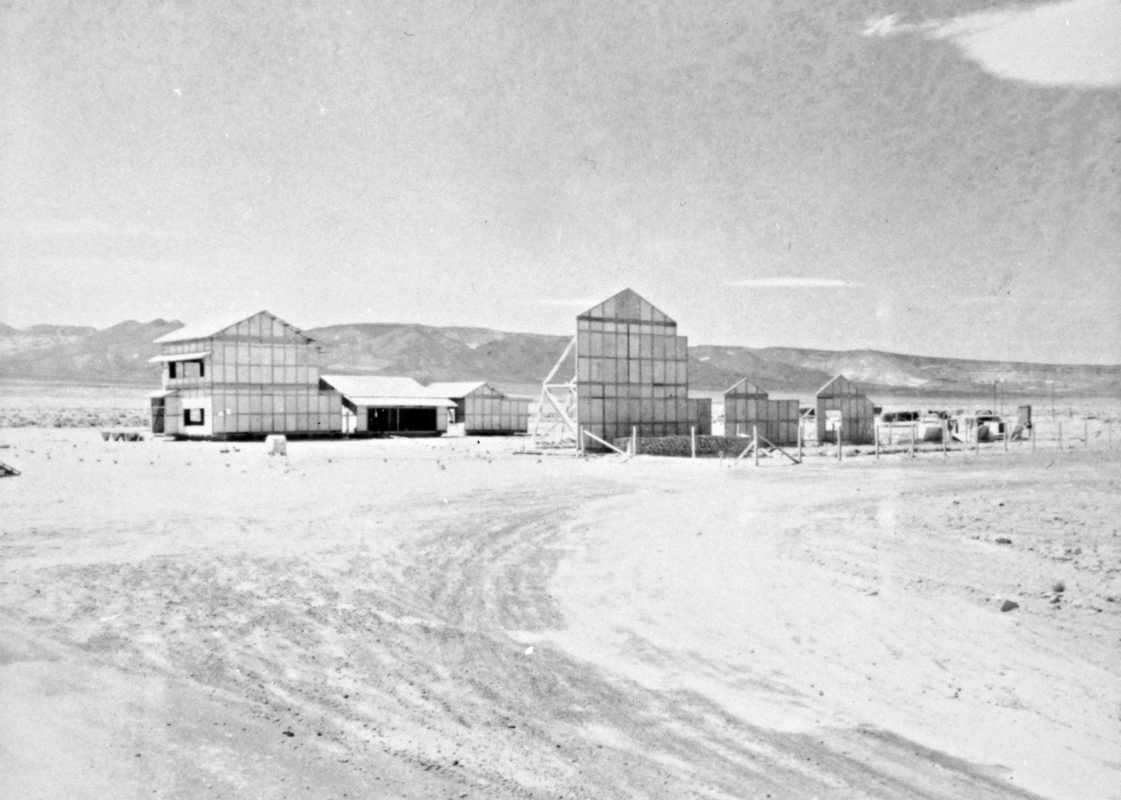 Many houses in the fake town withstood the blast.