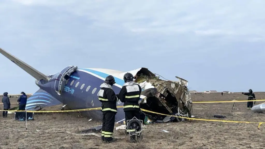 A view of the crash site where an Azerbaijan Airlines flight with 67 people on board, traveling from the Azerbaijani capital Baku to Grozny in Russia's Chechnya region, crashed near the Kazakh Caspian city of Aktau on December 25, 2024 the Kazakh Emergency Ministry said, adding that there were 25 survivors (Emergency Situations of Kazakhstan/Anadolu via Getty Images)