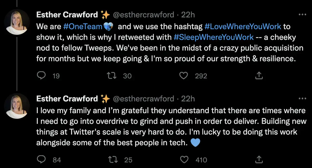 Crawford fiercely defended Twitter and her having to sleep at the office.