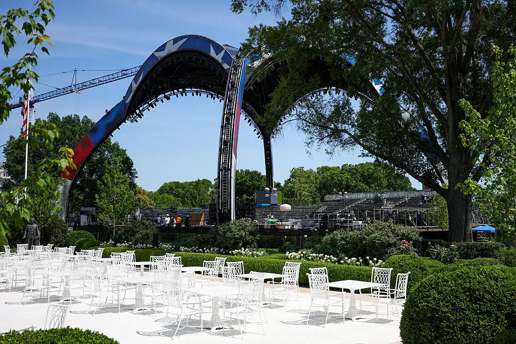The arena for the upcoming UFC match on the South Lawn is seen from the Rose Garden of the White House on June 4, 2026 in Washington, DC (Photo by Kevin Dietsch/Getty Images)
