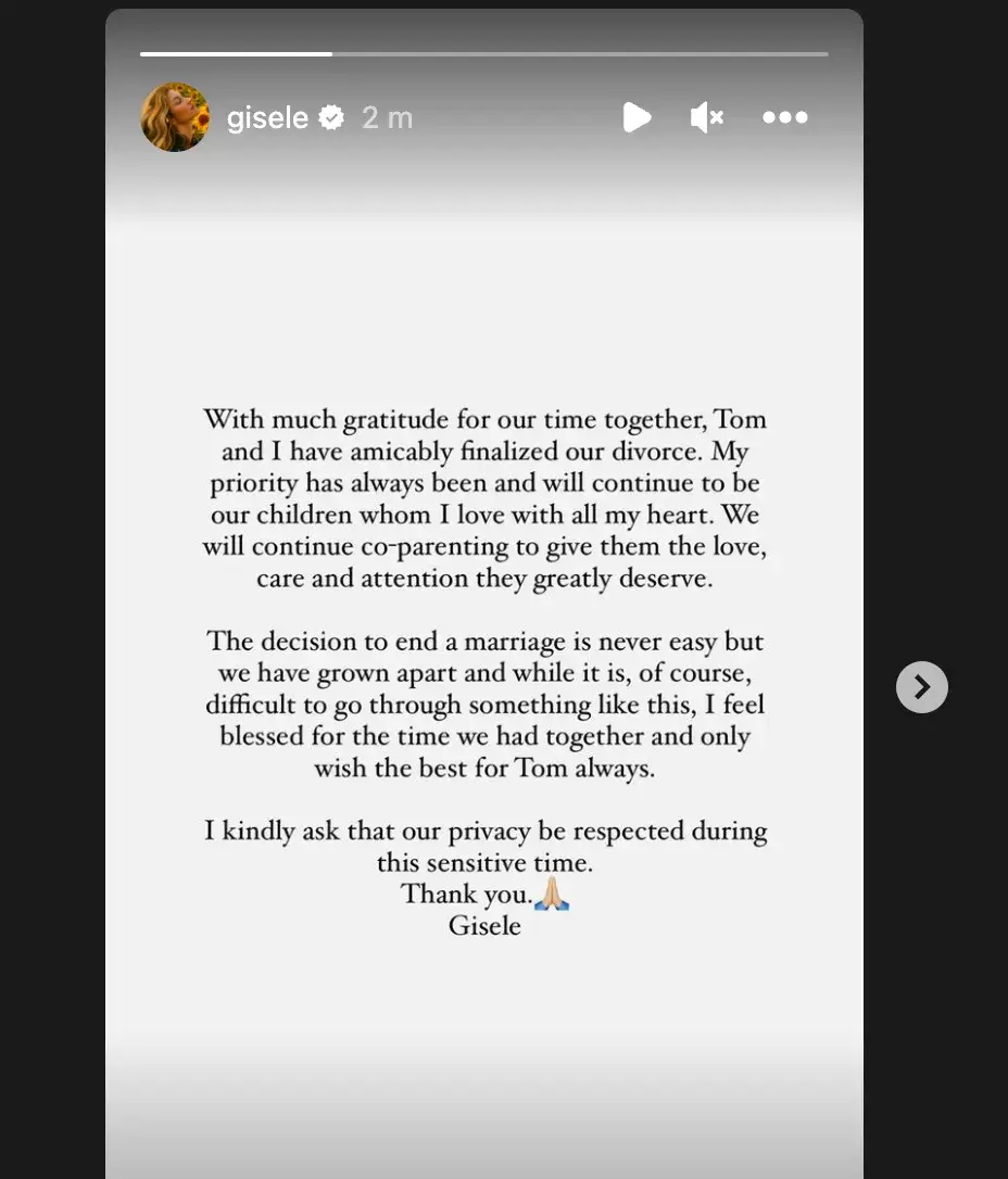 Bündchen said they would continue to co-parent.