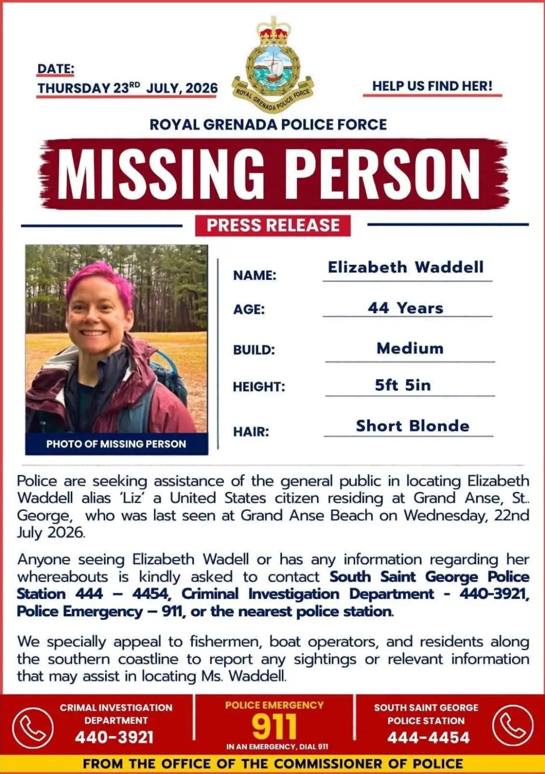 A search is currently underway to find Elizabeth Waddell (Royal Grenada Police Force)
