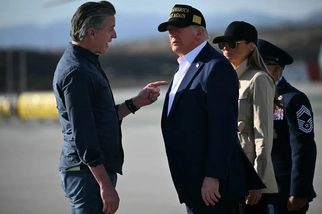 The Redditor claims he dreamt that California Governor Gavin Newsom wins the 2028 presidential election - pictured with President Donald Trump and First Lady Melania Trump, back in January (MANDEL NGAN/AFP via Getty Images)
