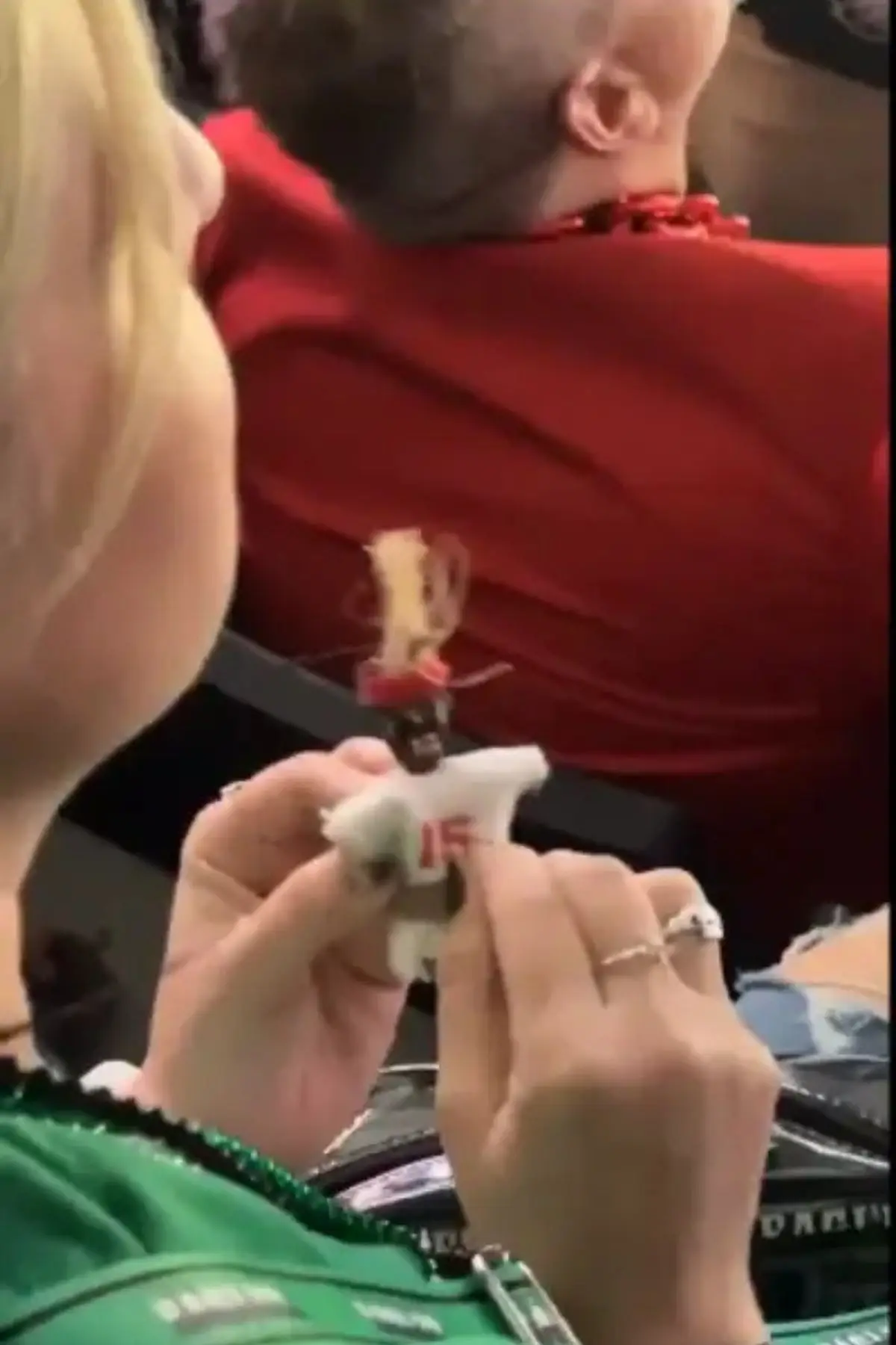 A woman wearing green for the Eagles has been accused of 'doing witchcraft at the Super Bowl (Twitter/@TheGabriel72)