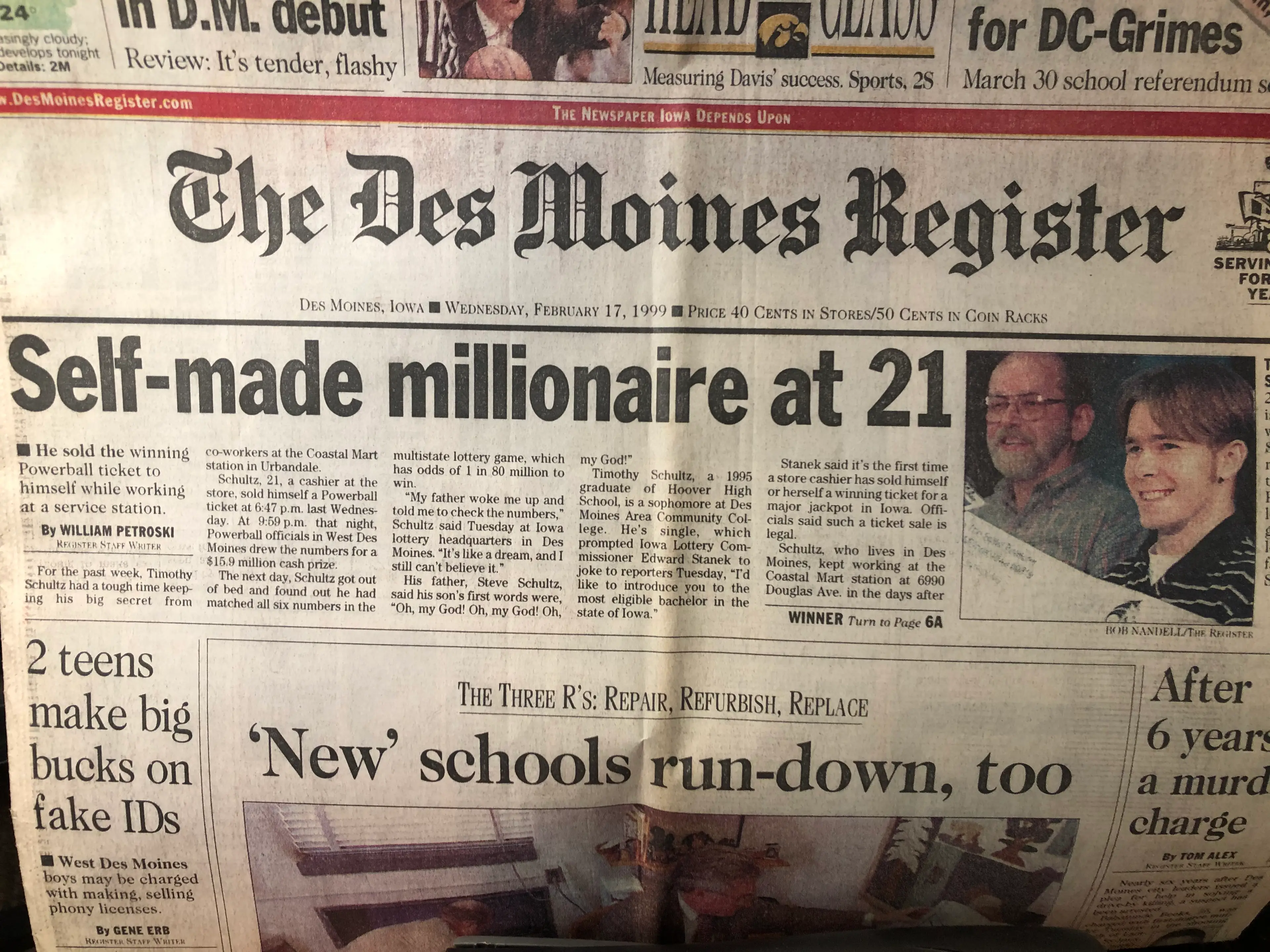 Timothy Schultz was working a shift at a gas station when he sold himself the winning Powerball ticket that would make him $28 million richer, and, at just 21 years old, an instant multimillionaire. (Supplied)