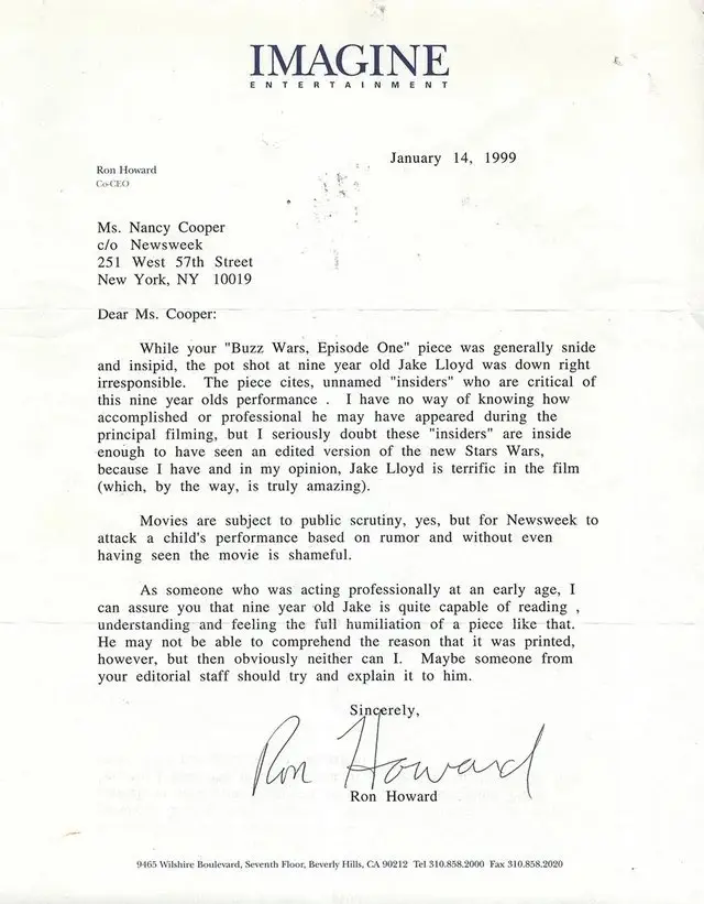 Ron Howard's letter to Newsweek.