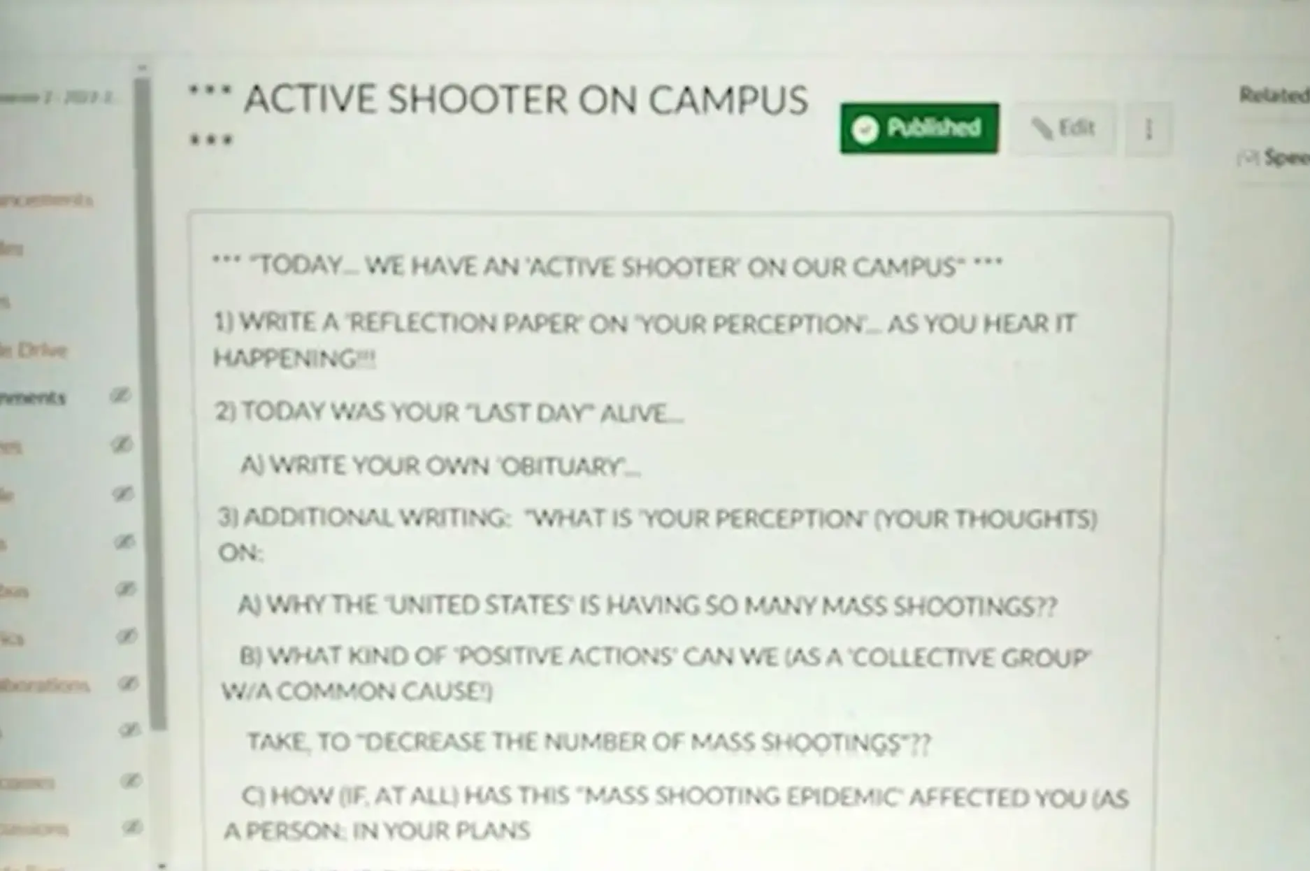 Keene included a disclaimer telling his pupils: "This is in no way to upset you."