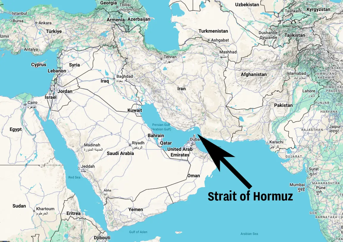 The Strait of Hormuz is the world's busiest oil shipping canal (Google Maps)