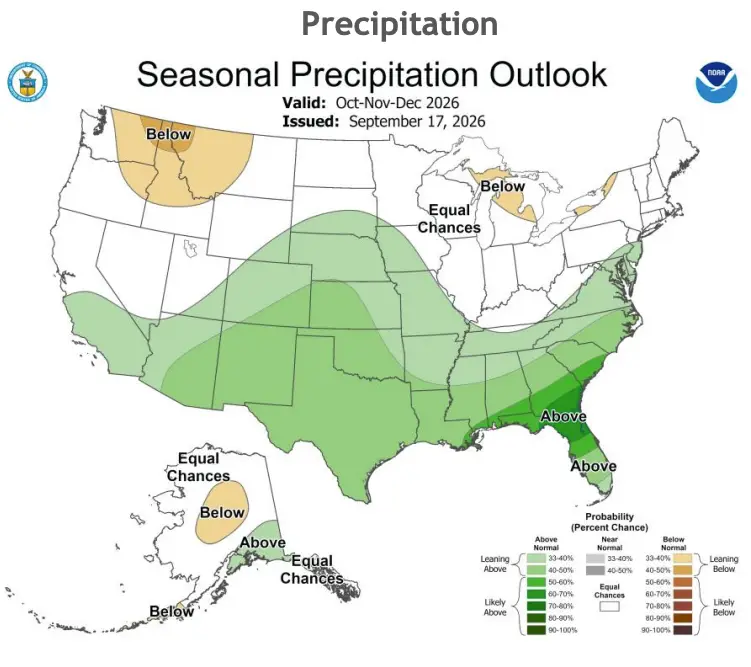 US Seasonal Precipitation Outlook: October - December 2026. This seasonal outlook combines the effects of long-term trends, soil moisture, and, when appropriate, El Niño-Southern Oscillation (National Oceanic and Atmospheric Administration)