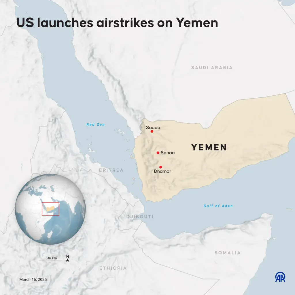 The US' airstrikes hit the Yemen communites of Saada, Sanaa, Dhamar, as Trump explained it was in retaliation to the Houthi movements frequent attacks on cargo ships passing through the Bab al-Mandab Strait (Efnan Ipsir/Anadolu via Getty Images)