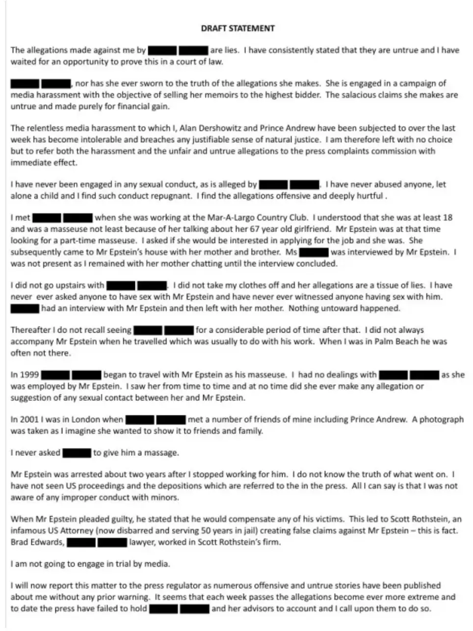 The draft email was released as part of the Epstein files (Department of Justice)