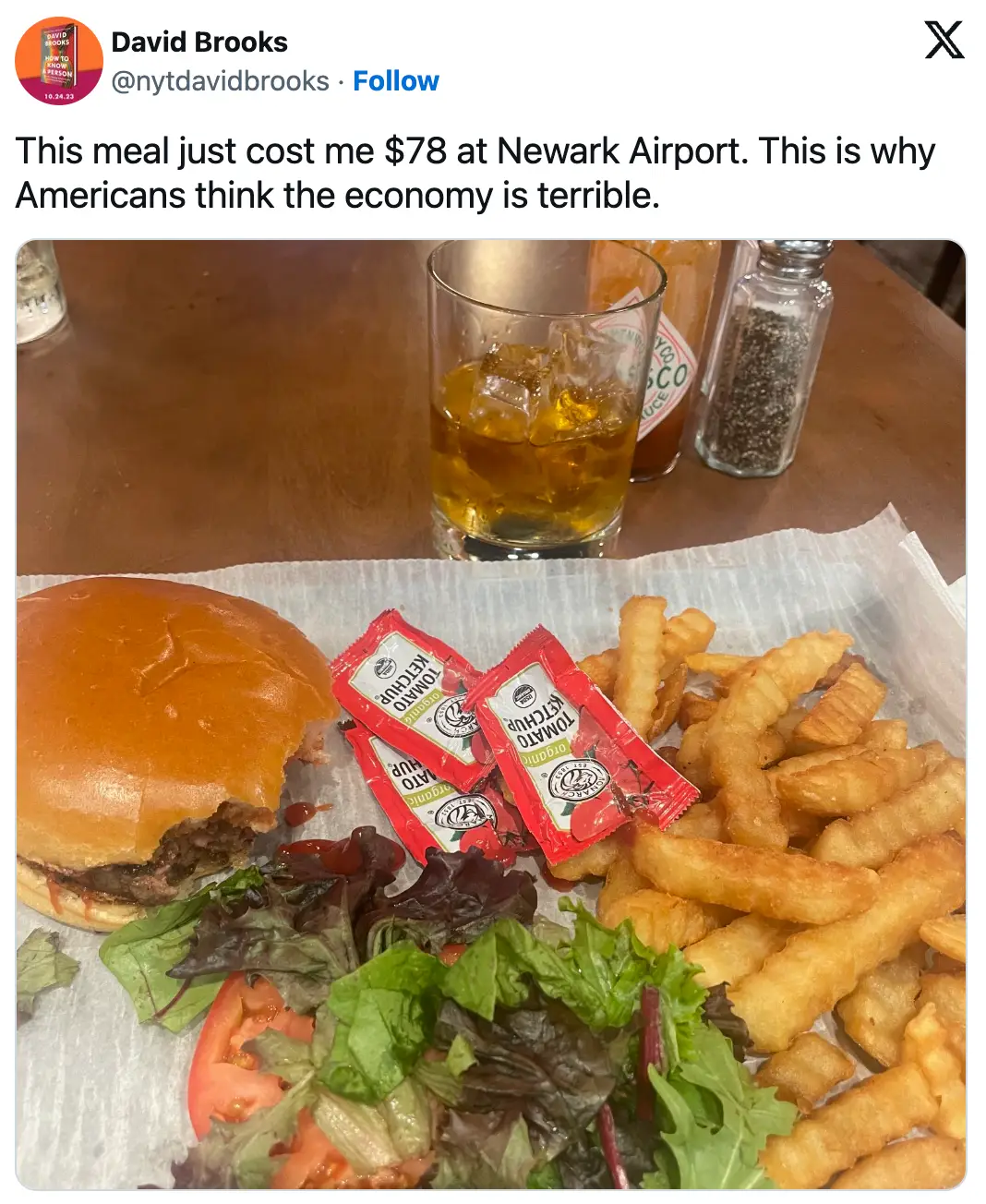 This meal cost $78, according to David Brooks. (X/ @nytdavidbrooks)