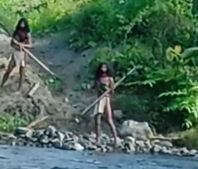 Two people from the uncontacted tribe can be seen staring at the bulldozer.