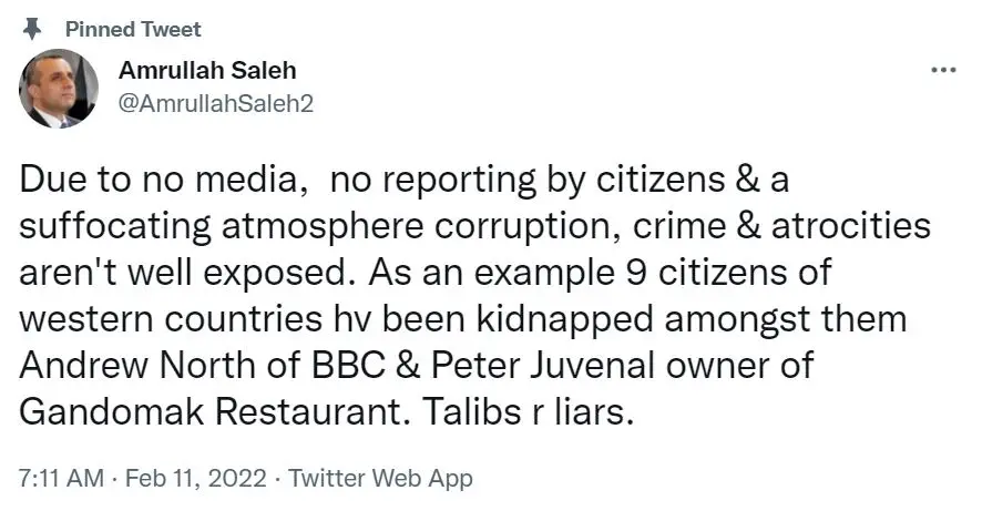 Afghanistan’s former vice president claims Taliban has kidnapped Westerners (@AmrullahSaleh2/Twitter)