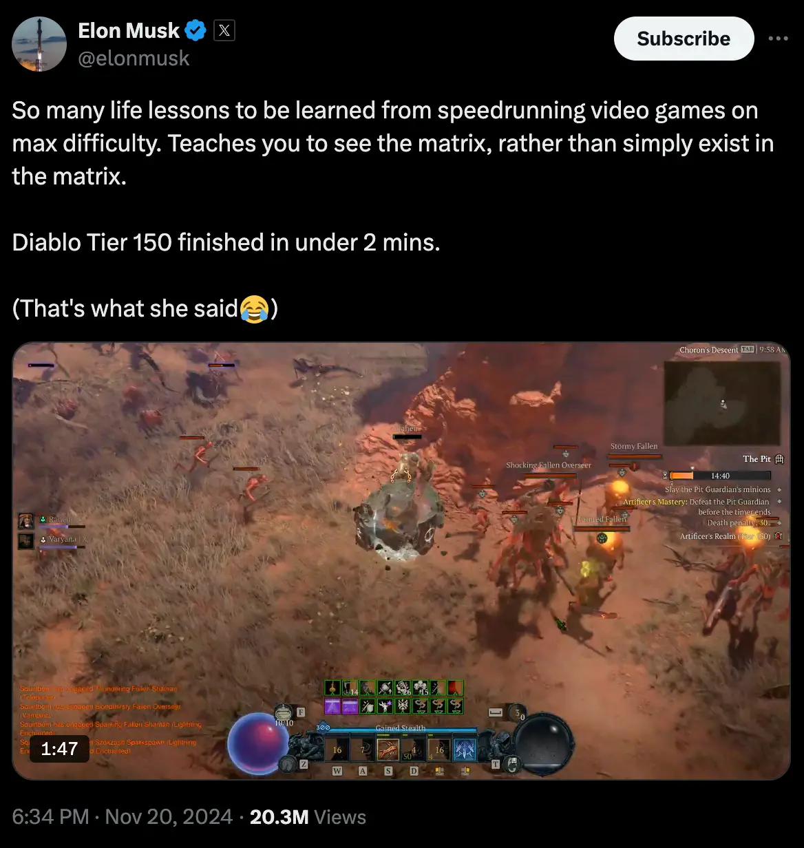 Elon Musk says he finished the tier in 'under 2 mins' (Twitter/ @elonmusk) 