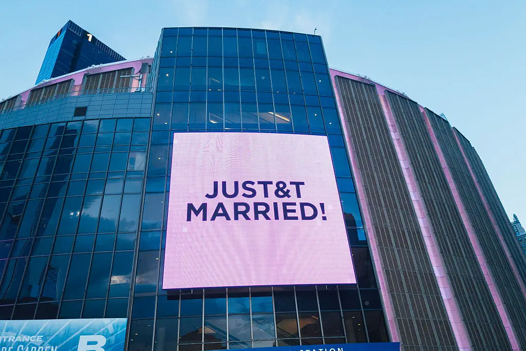 The couple announced they had tied the knot with a sign outside Madison Square Garden (Photo by Sara Konradi for The Washington Post via Getty Images)
