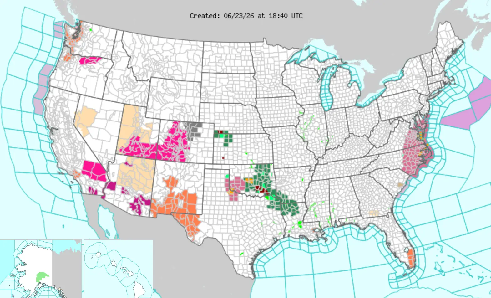 Areas highlighted in dark orange are under heat advisories (National Weather Service)