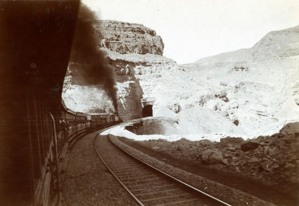 A railway passing through Bolan Pass in Baluchistan, Pakistan, back in 1911 (Erich Zugmeyer/Royal Geographical Society via Getty Images)