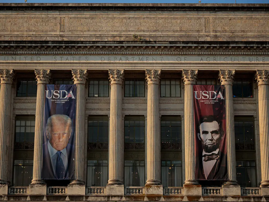 The first banner Trump put up on a government building (Photo by Chip Somodevilla/Getty Images)