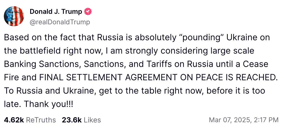 Trump has urged Ukraine and Russia to come to a deal (Truth Social/@realDonaldTrump)