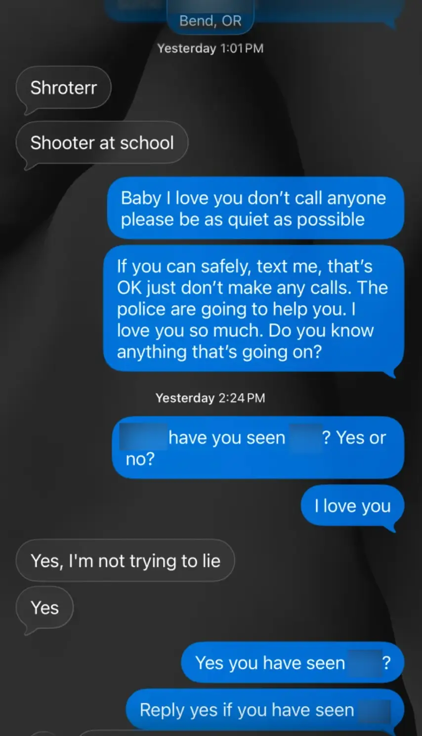 A mom has shared a photo of her text exchanges with her son during the shooting (CNN)