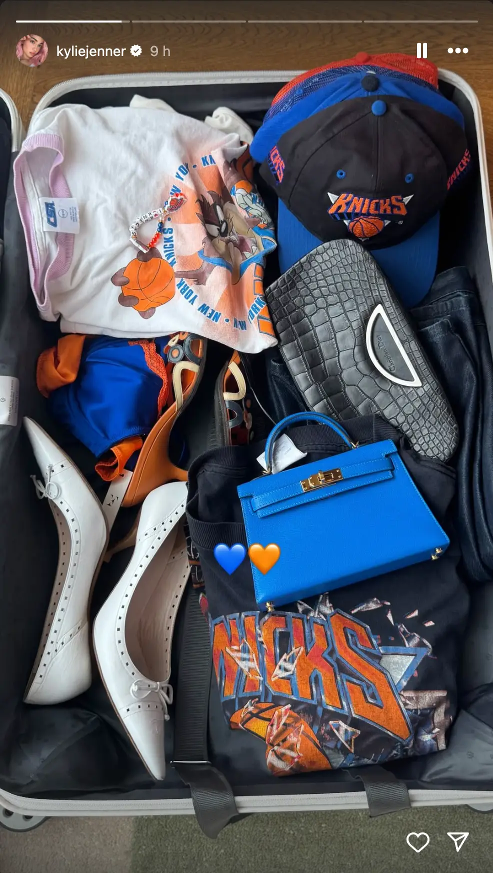 Kylie Jenner shared a snap of her suitcase to fans on Instagram, revealing that she has Knicks-themed lingerie (Instagram/@kyliejenner)