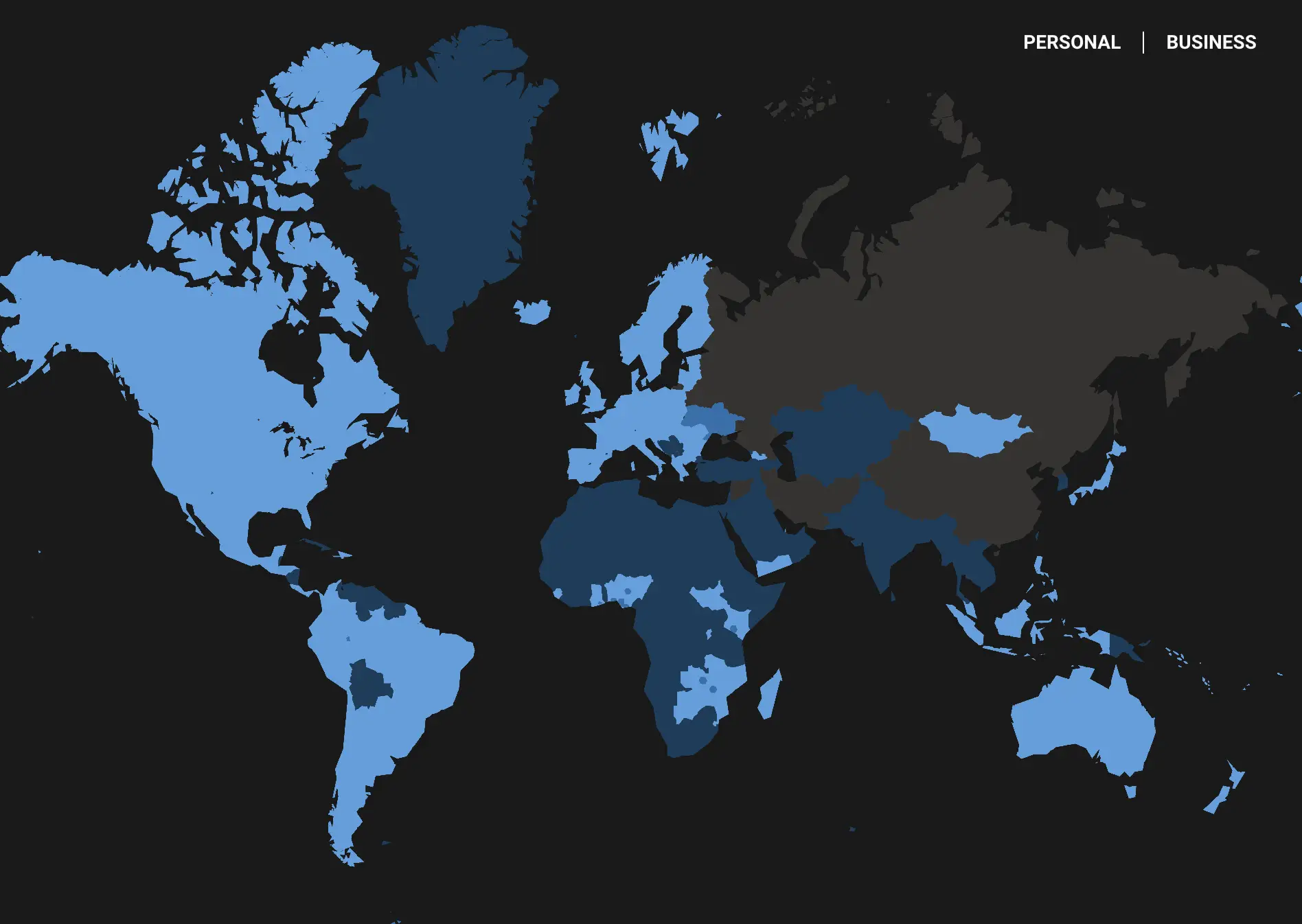 The light blue countries have access to Starlink, while dark blue means it's rolling out soon and brown means the service isn't currently available (Starlink/SpaceX)