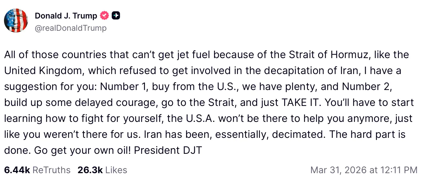 The Republican warned that the US 'wouldn't be there' for the UK amid esculating conflict (Truth Social/@realdonaldtrump)