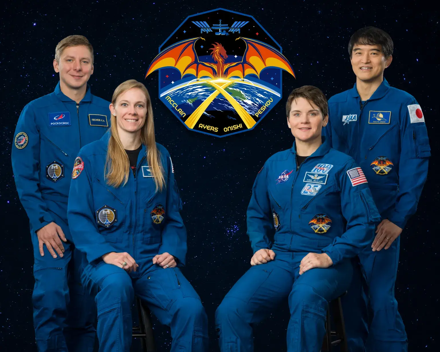 NASA’s SpaceX Crew-10 members Kirill Peskov of Roscosmos, NASA's Nichole Ayers and Anne McClain, and JAXA's Takuya Onishi (NASA/Bill Stafford/Helen Arase Vargas)