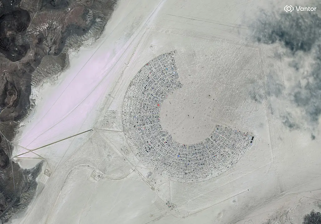 Burning man has seen three deaths this year (Satellite image (c) 2026 Vantor)