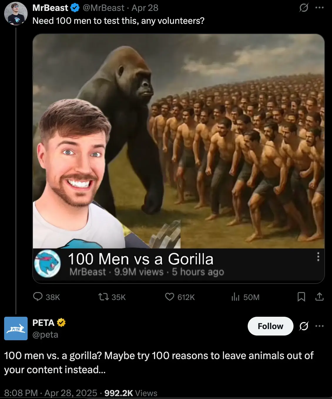 PETA isn't taking any chances (Twitter/ @MrBeast/ @peta) 