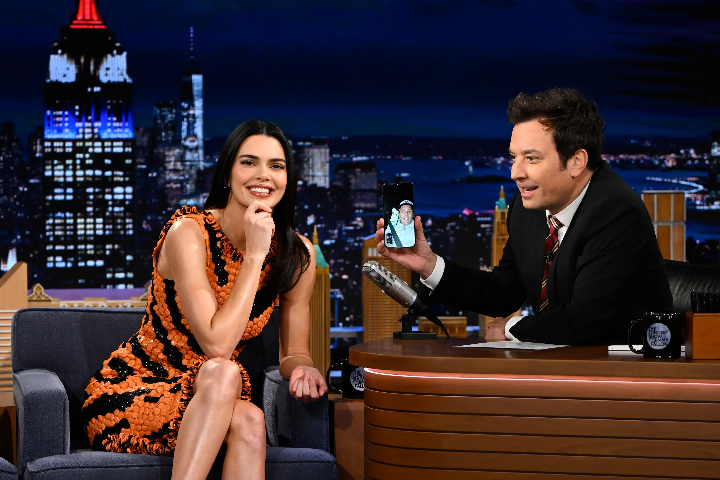 Kendall Jenner rang up Tom Brady and made her Super Bowl pick live on Jimmy Fallon (Todd Owyoung/NBC via Getty Images)