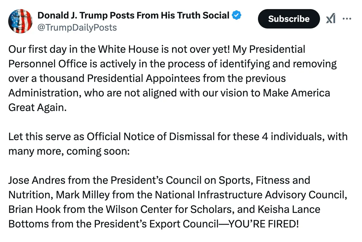 Trump announced his firings on Truth Social (X/@TrumpDailyPosts)