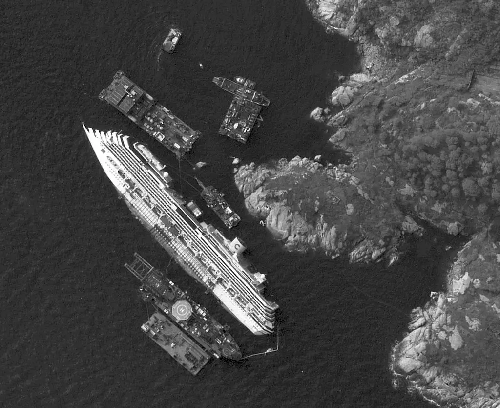 A satellite image of the salvage operations of the Costa Concordia along the coastline of Giglio Island in Itlay. This is the largest salvage operation ever, comprised of 450 crew (Photo DigitalGlobe via Getty Images via Getty Images)