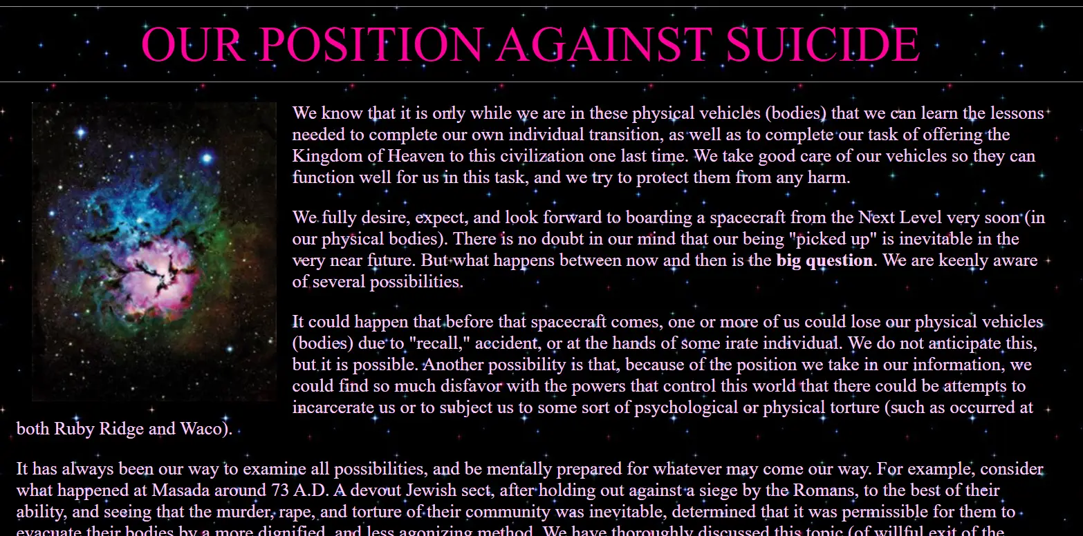 Religious cult Heaven's Gate's 'position against suicide' (Heaven's Gate)