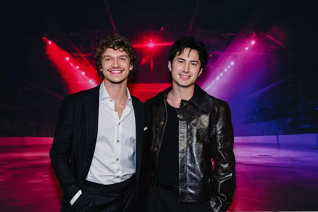 Connor Storrie (left) plays Ilya Rozanov in hit drama Heated Rivalry (Harold Feng/Stringer/Getty Images)