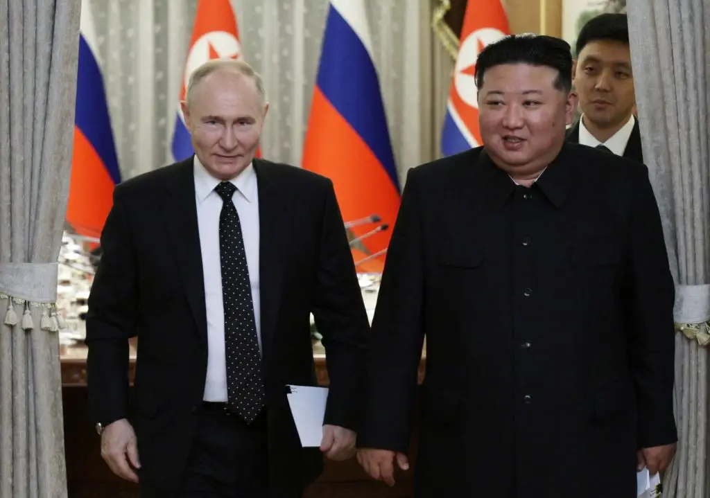 Vladimir Putin and Kim Jong Un pictured in Pyongyang in 2024 (GAVRIIL GRIGOROV/POOL/AFP via Getty Images)