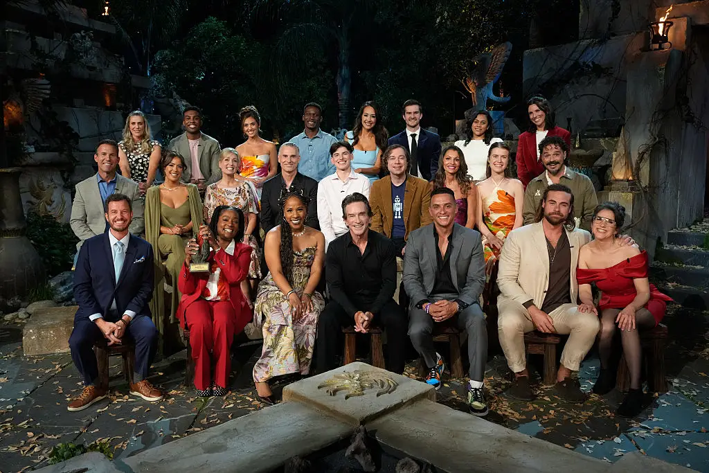 Probst pictured with the Survivor 50 contestants, including this season's winner Aubry Bracco (Robert Voets/CBS via Getty Images)