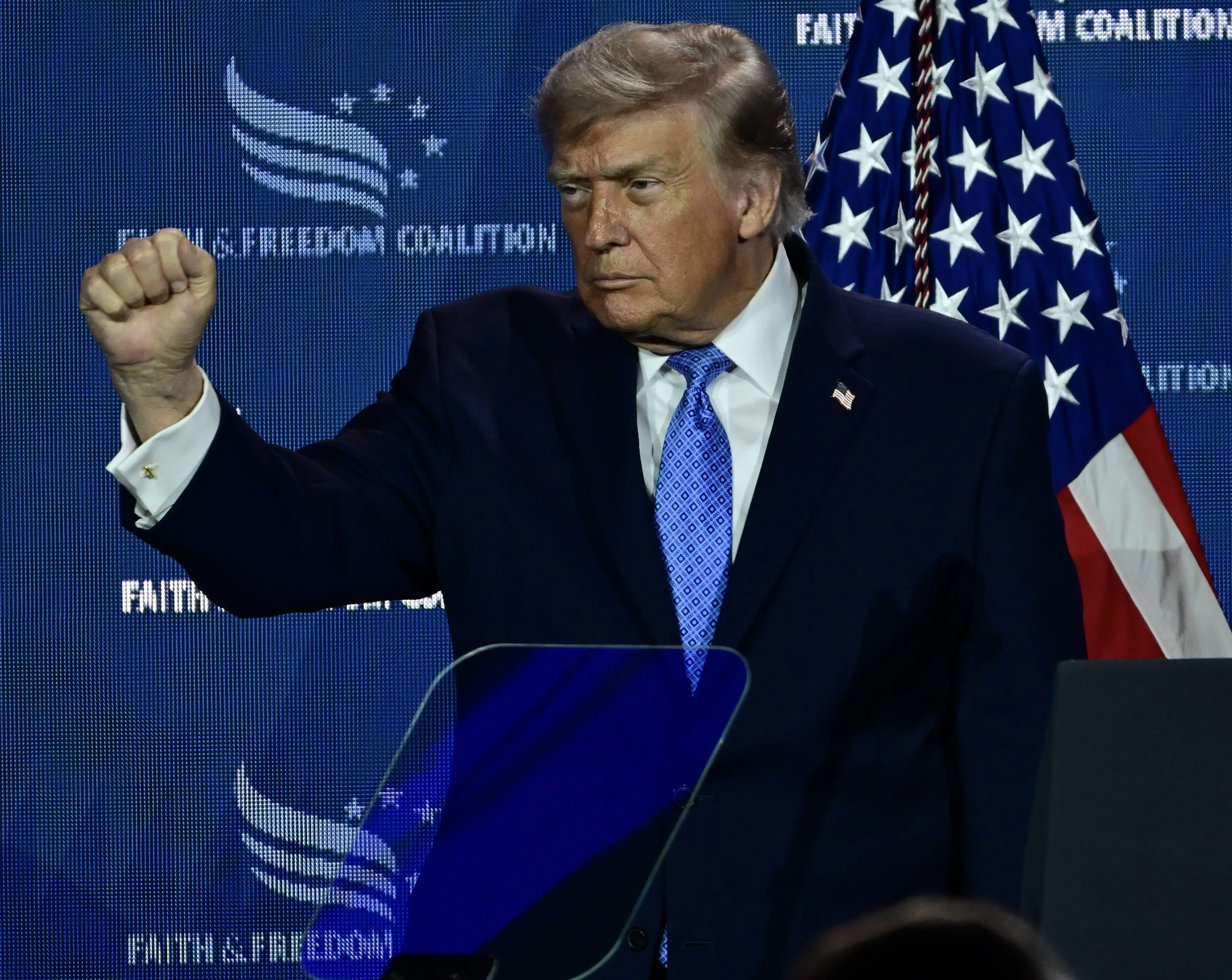 Trump also claimed that communism was posing a threat to US churches in his baffling speech ( Kyle Mazza/Anadolu via Getty Images)