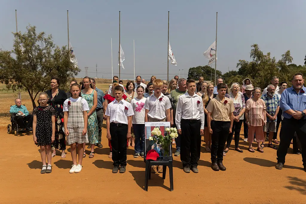Residents of the Afrikaner-only settlement paying tribute to Charlie Kirk (Alet Pretorius/Gallo Images via Getty Images)