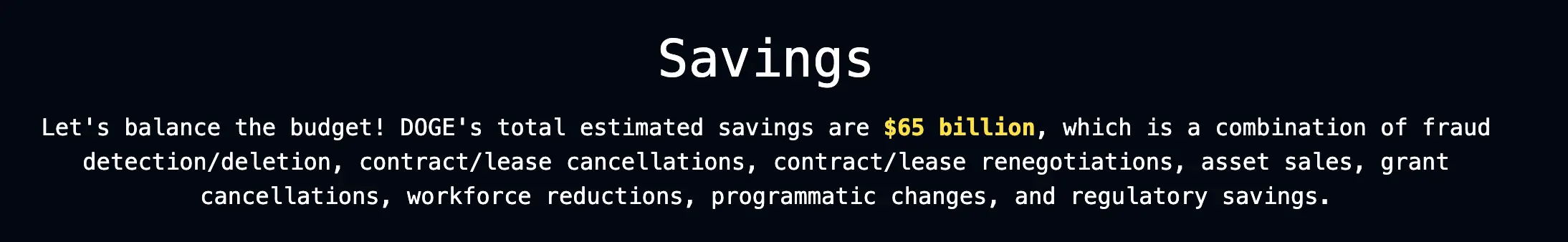 As of February 24, DOGE claims to have saved $65 billion (doge.gov)