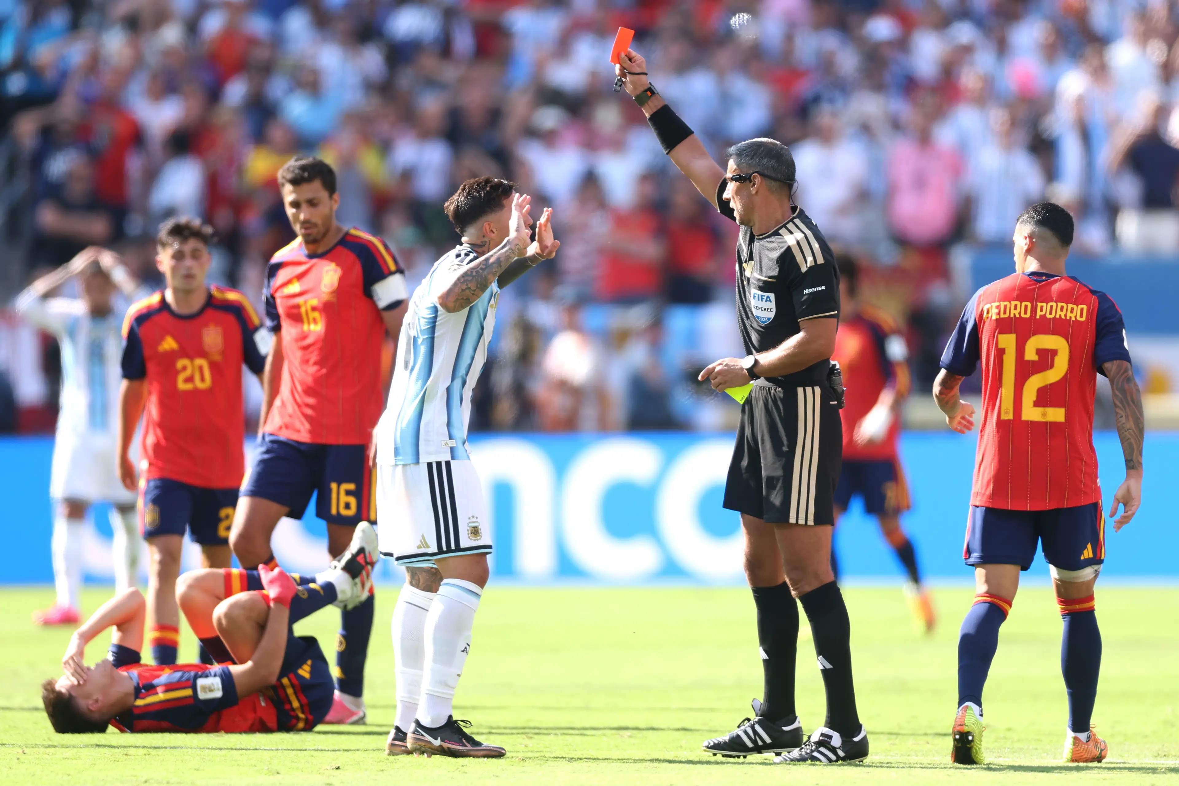 Enzo Fernández was shown a second yellow card for his challenge on Spain’s Pau Cubarsi (Lars Baron/Getty Images)