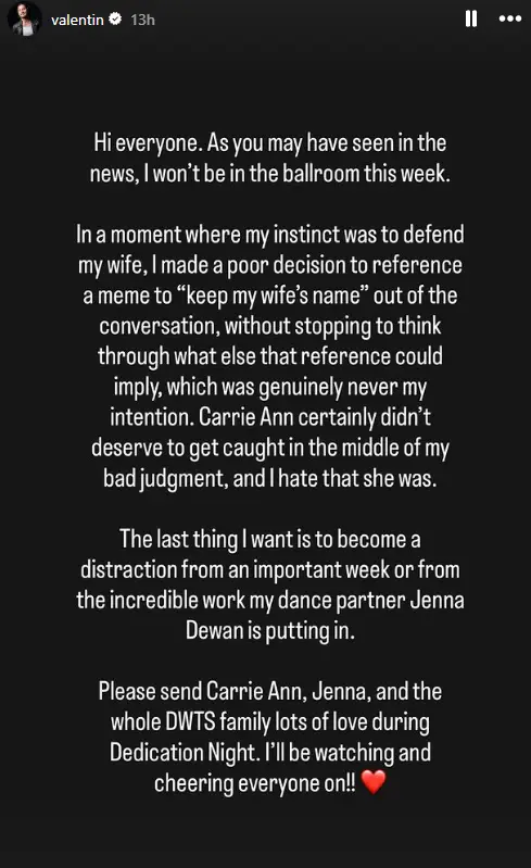 Val Chmerkovskiy was suspended from DWTS and issued a statement (Instagram/valentin)