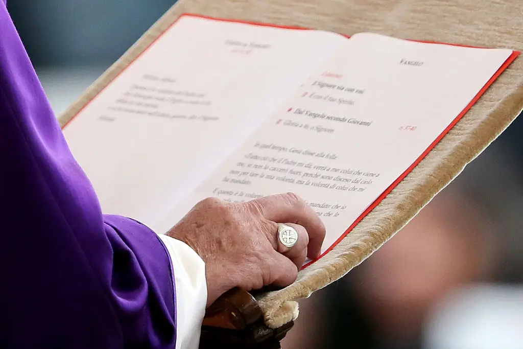 Pope Francis reads a passage from the Gospel, with the Fisherman's Ring on full display, back in 2016 (Vatican Pool/Getty Images)
