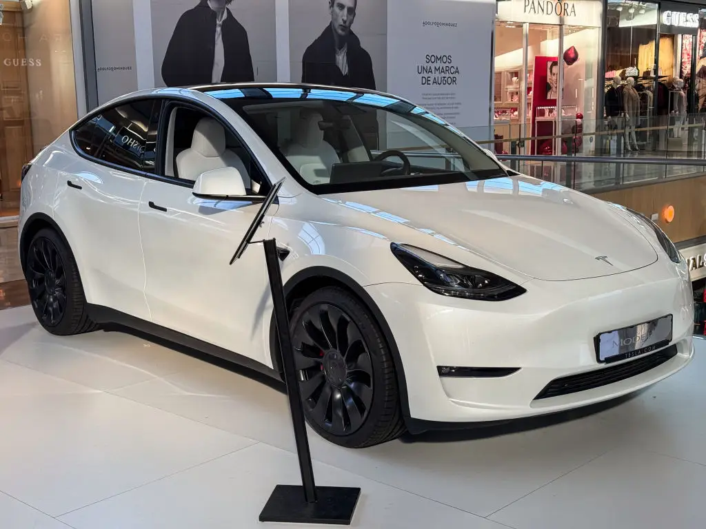 A Tesla Model Y exhibited in Spain (Nano Calvo/VW Pics/Universal Images Group via Getty Images)